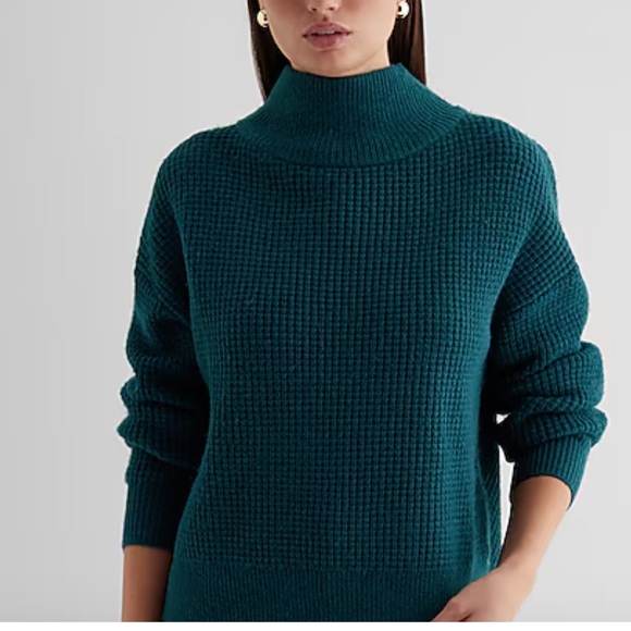 NWT express Reversible Mock Neck Crossover Sweater Teal S small waffle knit - Picture 2 of 5